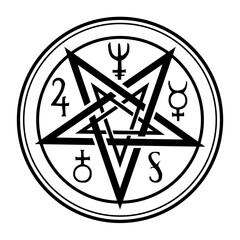 Star symbol in a circle, pentagram. Black outline on white background