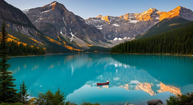 Serene Mountain Lake: A tranquil mountain lake reflects the golden hues of sunrise, with snow-capped peaks and lush evergreens framing its pristine turquoise waters.