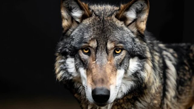 Close-up of a solitary gray wolf with piercing yellow eyes, dense fur in shades of brown, gray, and black against a plain dark background.