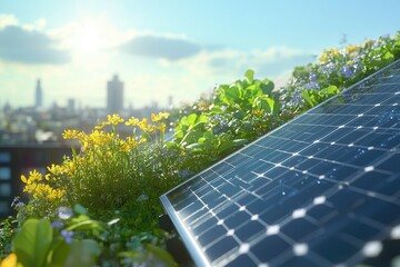 Fototapeta premium Rooftop solar panel with urban garden