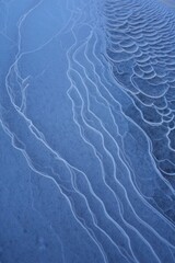 Close-up of textured ice surface with natural patterns including curved lines and scale-like formations in cool blue tones evoking calm and cold atmosphere