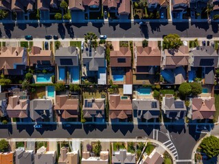 Aerial view of a suburban neighborhood with rows of houses featuring backyards, swimming pools, driveways, and parked cars under bright sunlight