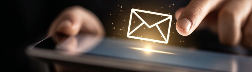 Email icon emerges on tablet digital communication modern technology