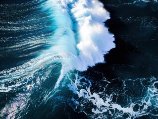 A powerful ocean wave crashing with white foam and swirling dark blue water beneath clear sky