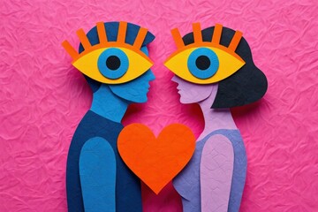Abstract colorful paper cutout of a blue man and purple woman facing each other with large yellow eyes and an orange heart between them on a pink textured background