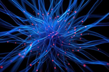 Abstract complex blue and translucent intertwining fibers with glowing red dots on a dark background, evoking a sense of intricate connectivity and dynamic energy.