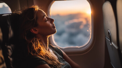 Serene moment woman watching sky from airplane cloudy horizon
