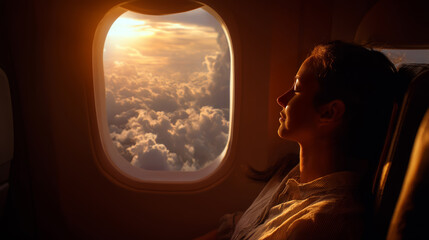 Serene woman watching sunset sky from airplane window travel emotions