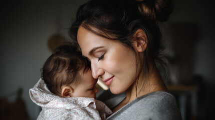 Caring mother embraces quiet infant intimate portrait home soft light