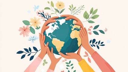 Hands holding Earth, surrounded by flowers and nature