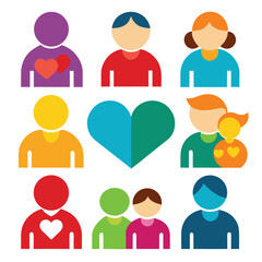 Colorful people icons illustrating love, family, and community relationships on white background.