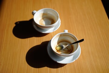 Obraz premium Two empty white coffee cups with saucers on a wooden table, one with a spoon inside, casting distinct shadows in natural light