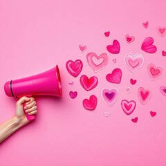 hand holding pink megaphone with various pink and red watercolor hearts coming out on pink background symbolizing love and positive communication