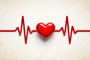Red heart shape in the center of a red electrocardiogram line symbolizing heartbeat and life on a light textured background