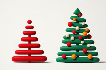 Two stylized modern Christmas trees made of stacked rounded segments with colorful spherical decorations on one tree against a plain white background