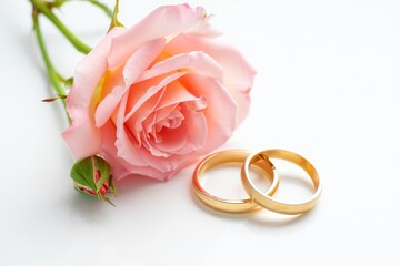 close-up of a single pink rose with green stem and bud placed beside two golden wedding rings on a white background evoking romance and commitment