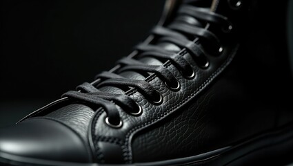 Closeup of black leather high top sneaker