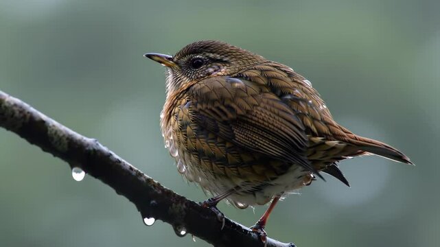 Rufous Bristlebird Perched on Wet Branch with Water Droplets in Misty Forest