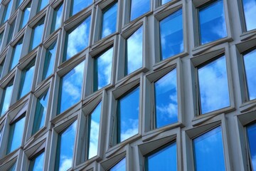 Fototapeta premium Modern building facade with geometric patterned blue reflective windows showing sky and clouds on a sunny day