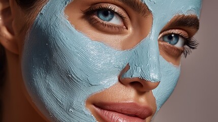 Elegant woman with hydrating blue mask studio beauty shot close-up