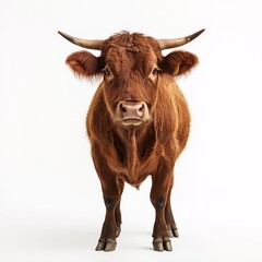 Beautiful Brown Horned Cattle Portrait on White Background - Isolated Livestock in Pasture Scene