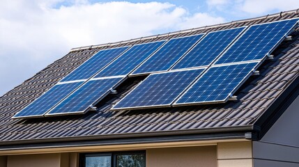 Panel mounting brackets connecting photovoltaic panels to roof structure showing metallic hardware installation on modern house with clear blue sky background