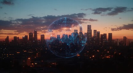 Global city network sphere at sunset