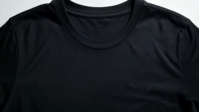 Isolated black short sleeve t-shirt laying flat against a bright background, basic unisex clothing, round collar tee casual top, close up