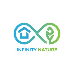 Infinity nature logo, home and leaves symbol. Ecology, environment, and agriculture illustration.