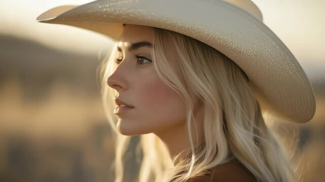 Portrait transition: woman in cowboy hat gazing serenely in sunlit countryside