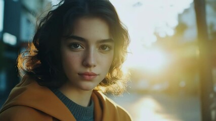 Young woman's journey: from reflective peace to joyful radiance at sunset