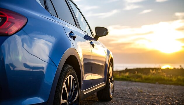 Blue car at sunset