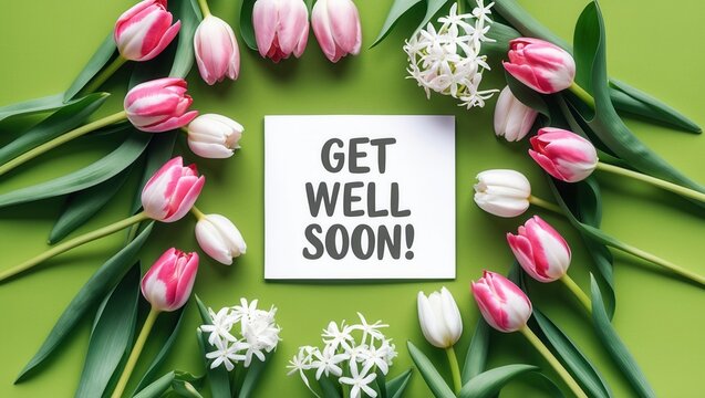 Pink and white tulips with hyacinths surrounding a card with text "GET WELL SOON!" on a green background