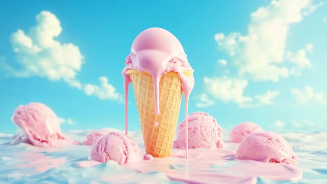 Melting ice cream cone in sunny landscape with pink scoops and blue sky