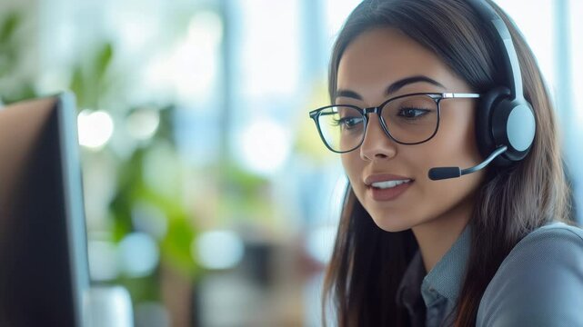 Friendly customer support representative engages in online interaction in modern office setting