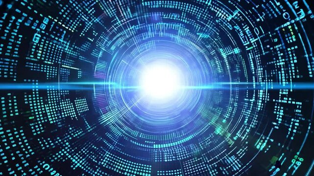 Vibrant Digital Tunnel of Glowing Binary Code and Data Patterns, Leading to Bright Light, Symbolizing Futuristic Technology and Innovation in Connected World.