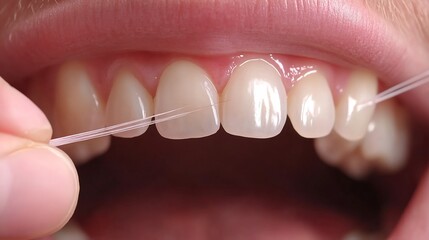 Close up of a person flossing their teeth demonstrating proper technique