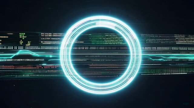 Futuristic Digital Interface Glowing Circular Design with Binary Code and Data Streams, Showcasing Technology and Innovation in Modern Digital Landscape.
