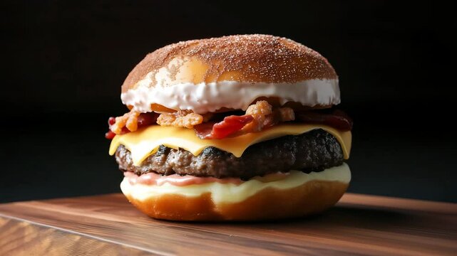 Closeup of gourmet burger with bacon and cheese rotating on wooden board