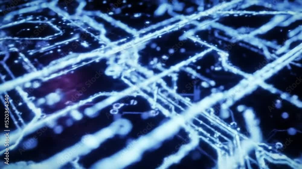 Poster Abstract blue network animation featuring glowing circuit patterns and data flow