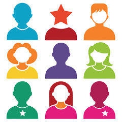 Vector illustrations of colorful people icons in various shapes and styles