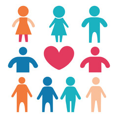 Vector illustration of diverse people silhouettes with a heart shape for unity and love