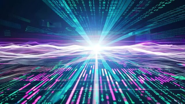 Vibrant Digital Landscape Exploring Technology and Data Flow Through Binary Code and Colorful Light Waves in Futuristic Environment