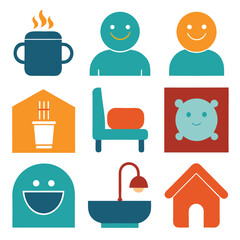 Whimsical flat design icon set featuring home comforts and happy characters