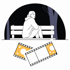 Woman on park bench and movie film strips depicting loss and nostalgia