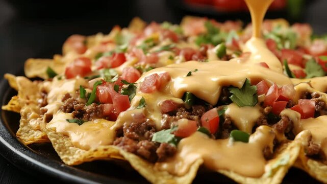 Glorious nacho cheese pouring over freshly prepared loaded nachos with tomato and cilantro garnish