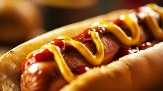 Closeup of juicy hot dog with dripping ketchup and mustard sauce in succession