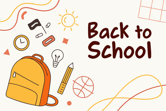 Back to school concept illustration with a modern flat design. A large yellow backpack on the left surrounded by school-related doodles. Bright, cheerful, and academic theme