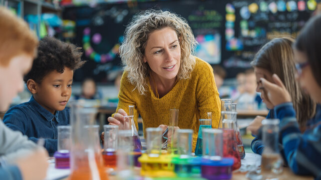 Inspiring Science Class: Female Educator Leads Diverse Group in Hands-on Chemistry Experiment and Curiosity-driven Learning in Primary Classroom