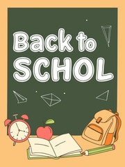 Back to school classroom scene with a chalkboard background filled with mathematical formulas, geometry diagrams, and white chalk scribbles. On a wooden desk in the foreground are school supplies